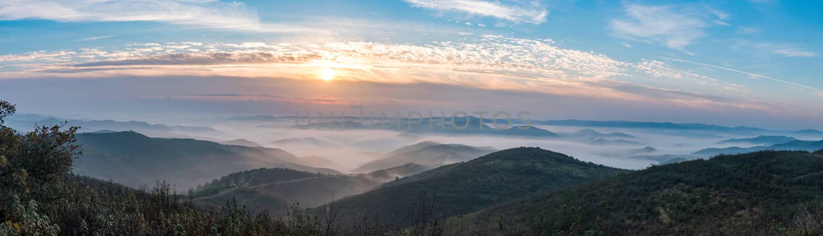 Beautiful view of the morning fog filling the valleys of smooth hills.