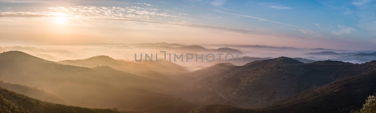 Beautiful view of the morning fog filling the valleys of smooth hills.