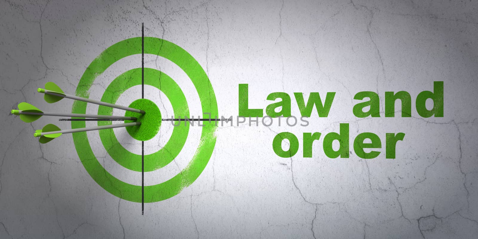 Success law concept: arrows hitting the center of target, Green Law And Order on wall background, 3D rendering