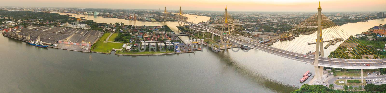 panorama view of bhumibol bridge crossing chaopraya river  important transportation landmark in bangkok thailand capital