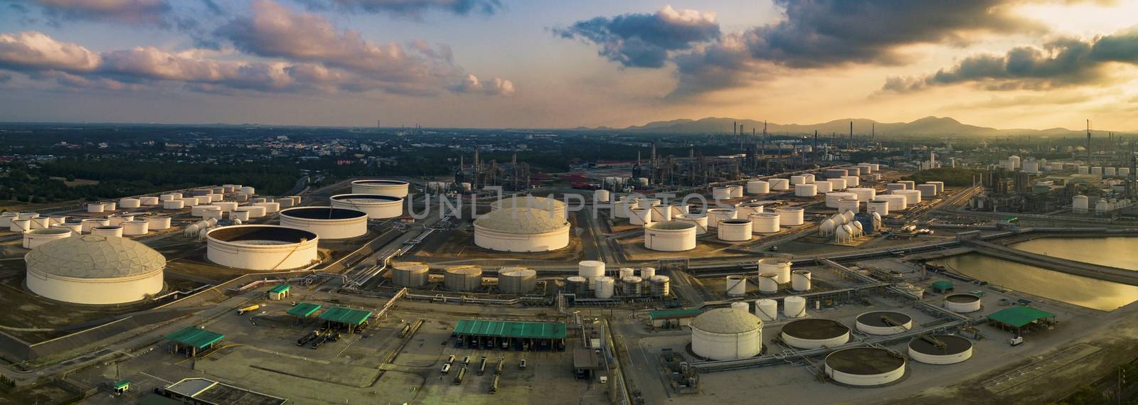 aerial view panorama view of oil refinery storage tank in heavy petrochemical industry plant site