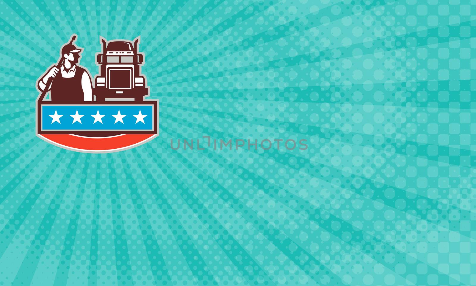 Business card showing Illustration of a male pressure washing cleaner worker holding a water blaster on shoulder looking to the side with truck viewed from front with stars done in retro style. 


