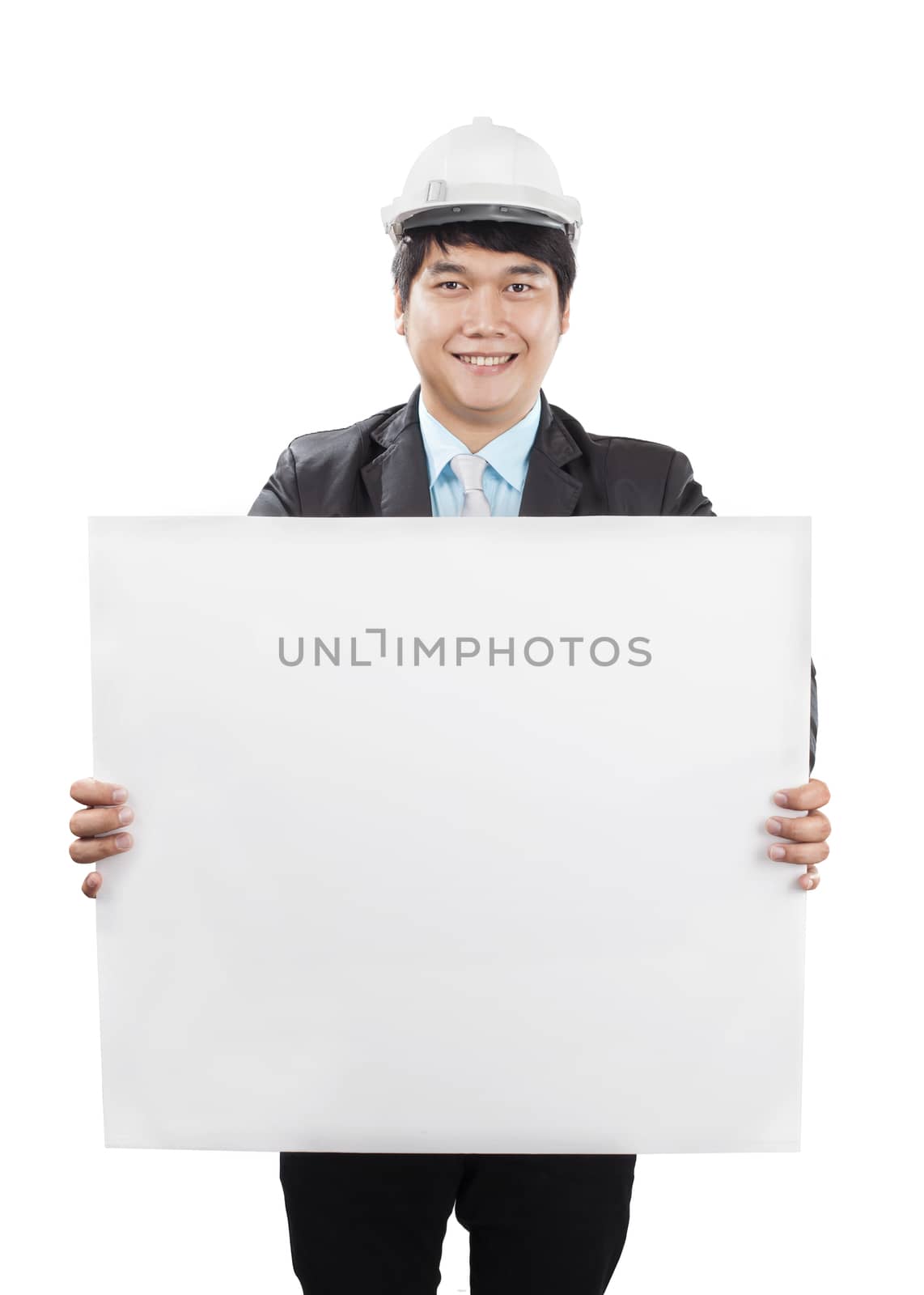 engineering man wearing white safety helmet holding empty banner to presenting isolated white background