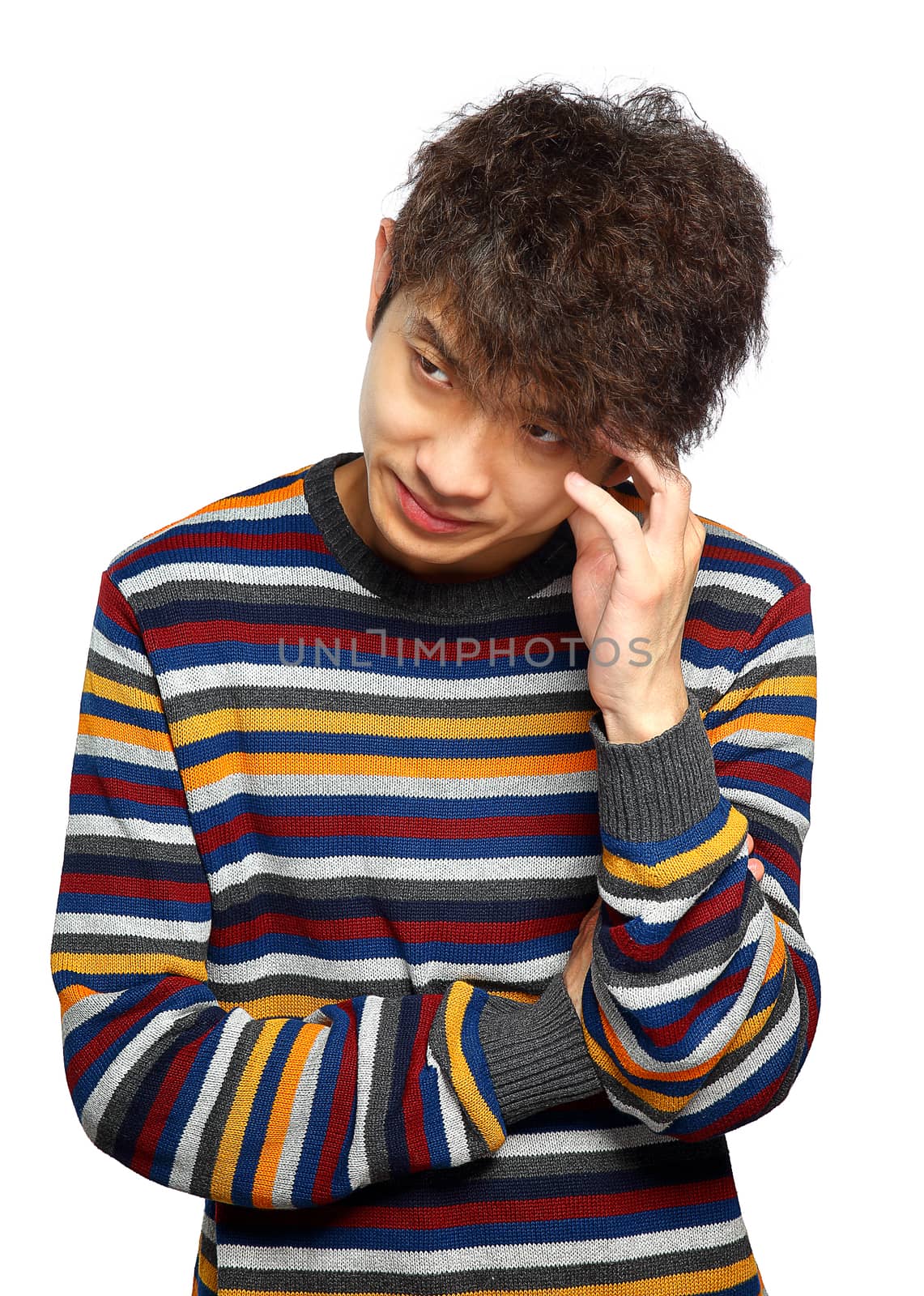 Portrait of handsome young thoughtful man isolated over white background