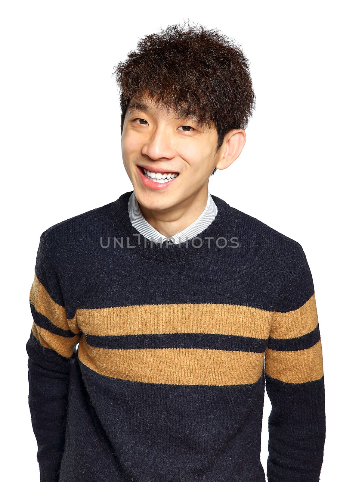 Young Asian man close up smile shot isolated on white