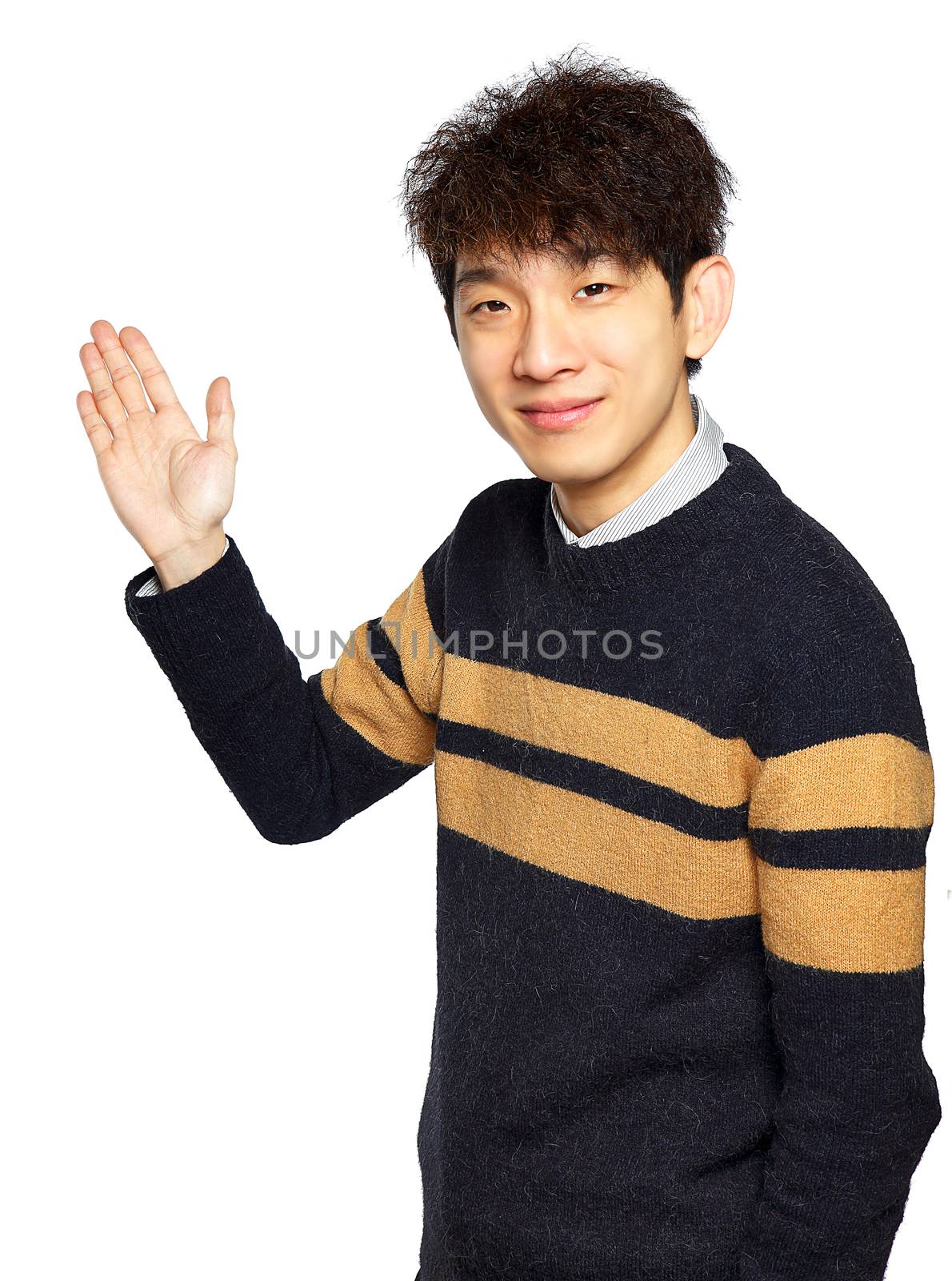 Asian young business man hold show open empty palm, happy smile, concept of advertisement product, empty copy space wear sweaters isolated over white background