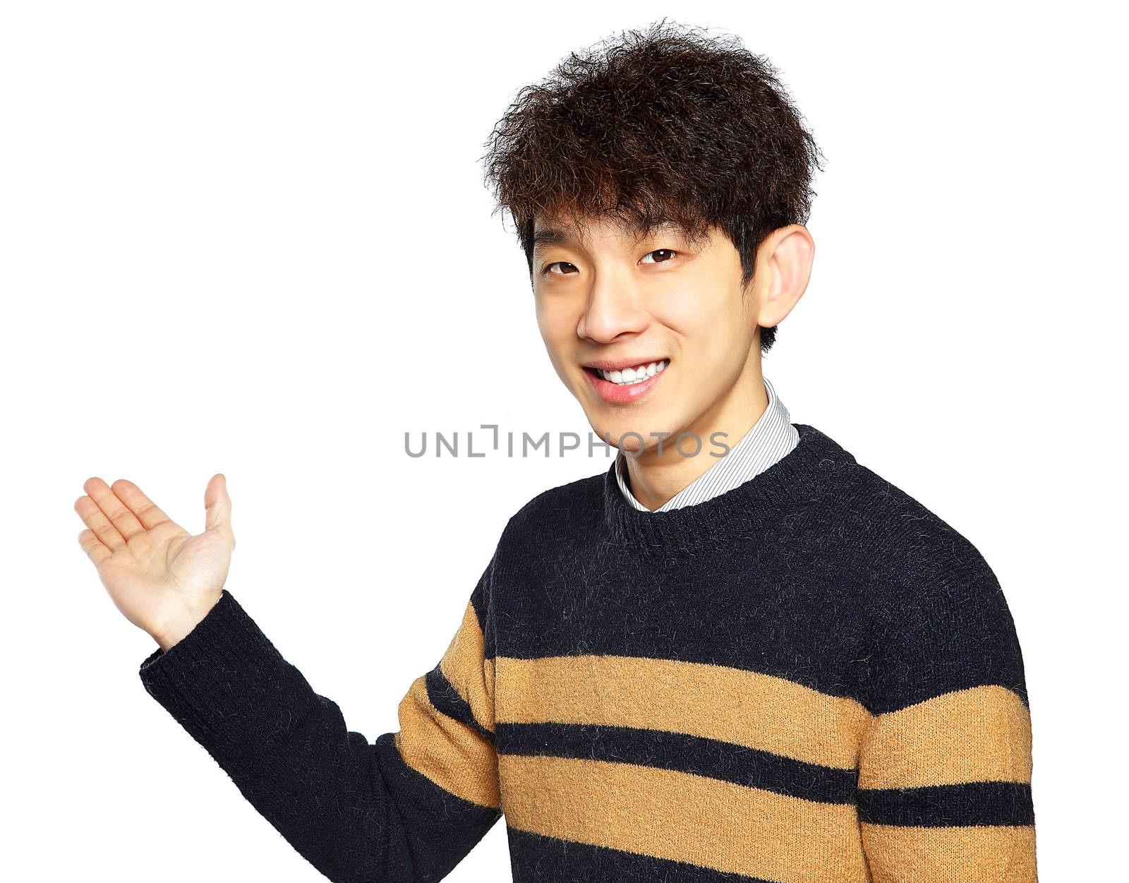 Asian young business man hold show open empty palm, happy smile, concept of advertisement product, empty copy space wear sweaters isolated over white background