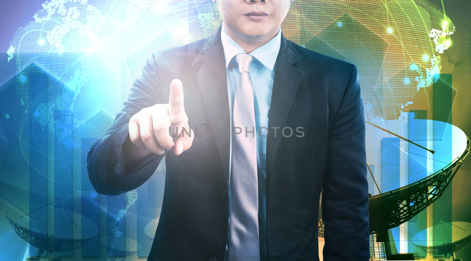 young business man and satellite dish and communication technology background