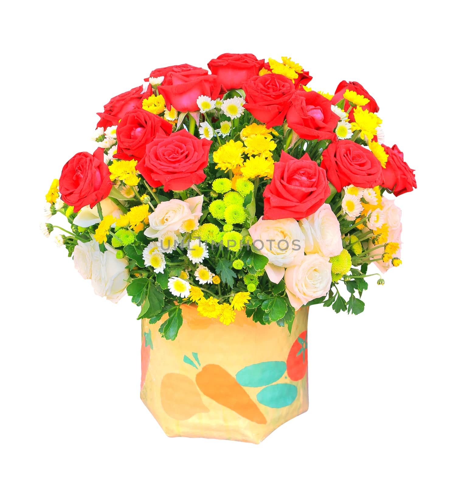 red and white roses flowers bouquet and yellow tulip in bucket isolated white background use for home decoration 