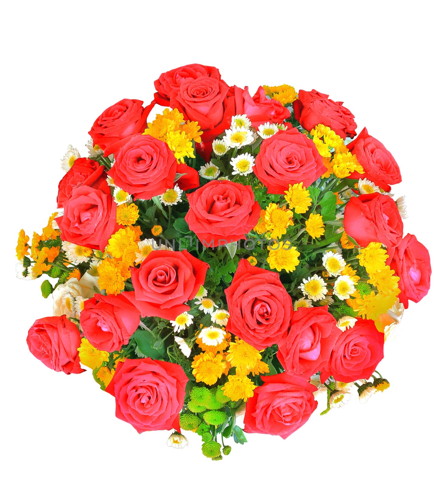 top view of red and white roses flowers bouquet and yellow tulip in bucket isolated white background use for home decoration 