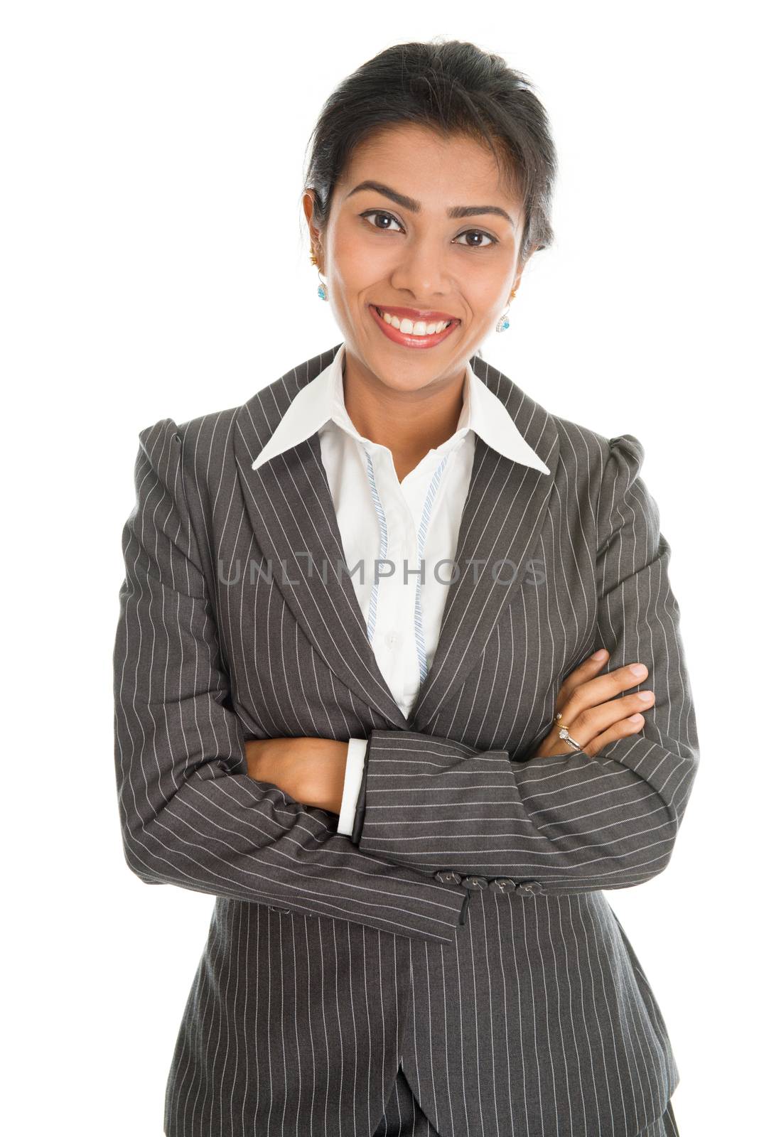 Portrait of black business woman in formalwear arms crossed, isolated on white background.