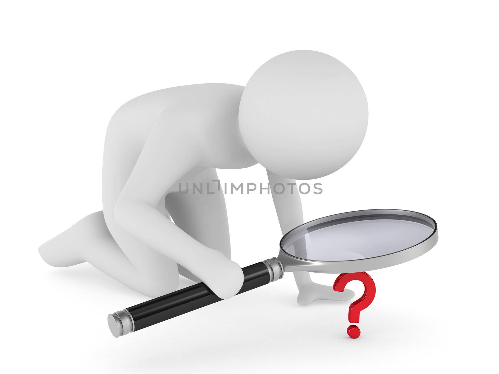 Man with magnifier on white background. Isolated 3D image by ISerg