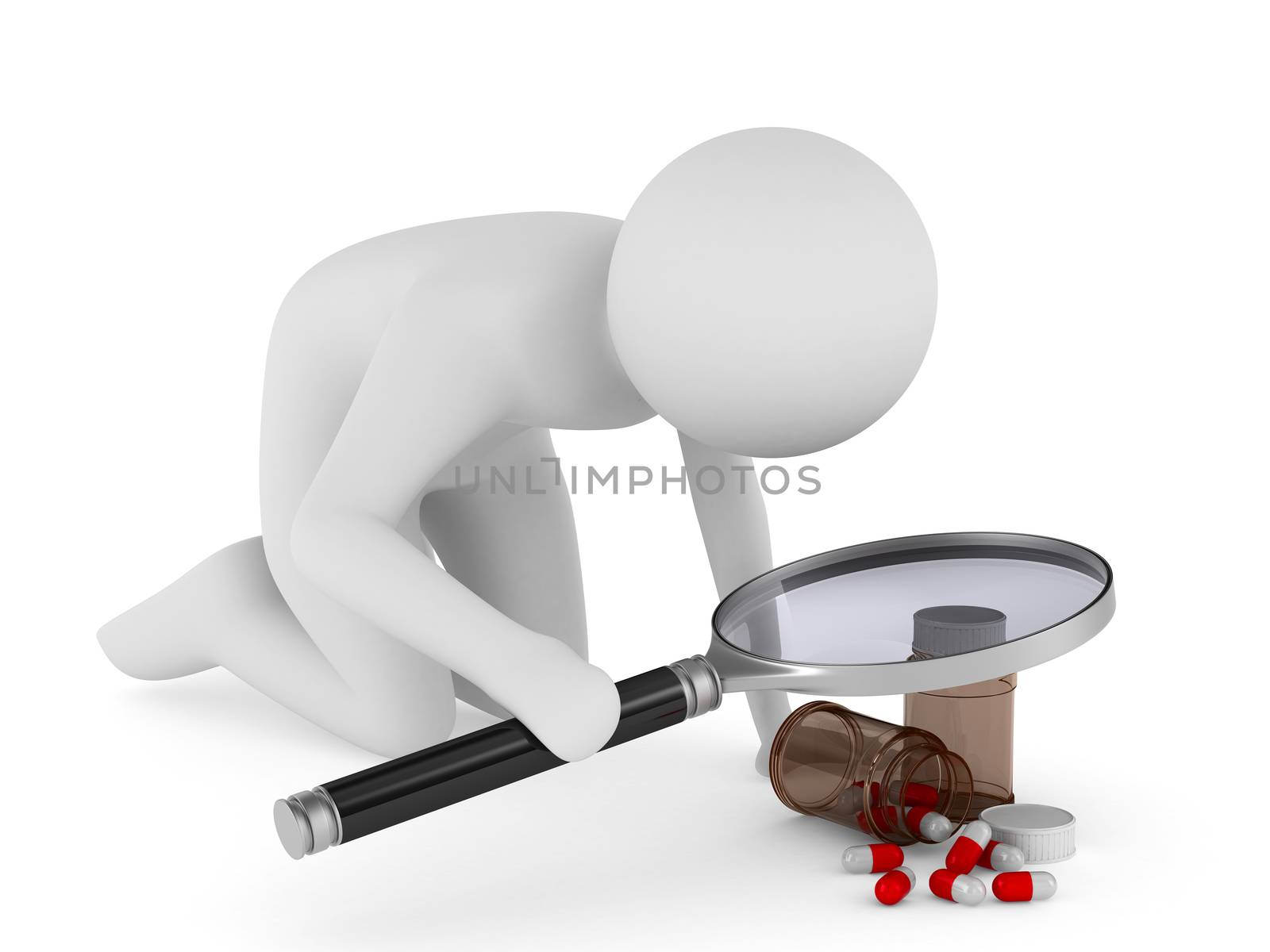 Man with magnifier on white background. Isolated 3D image