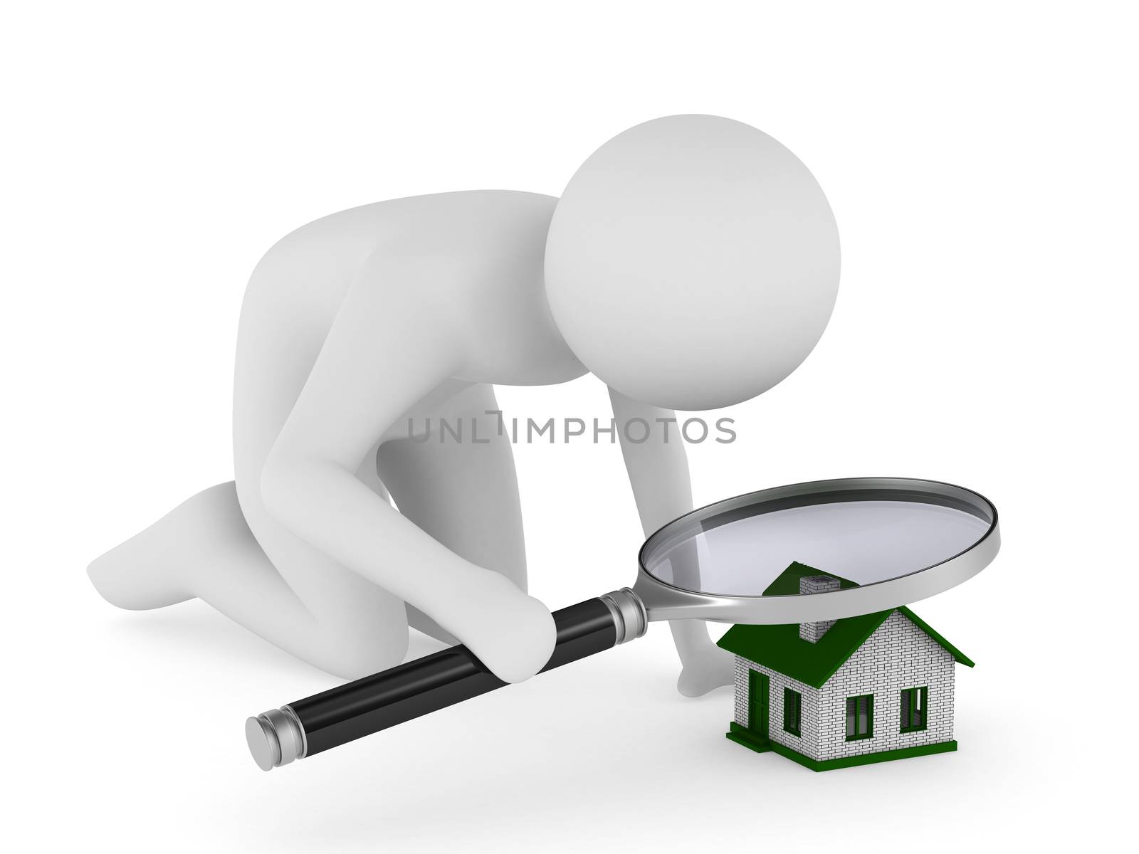 Man with magnifier on white background. Isolated 3D image by ISerg