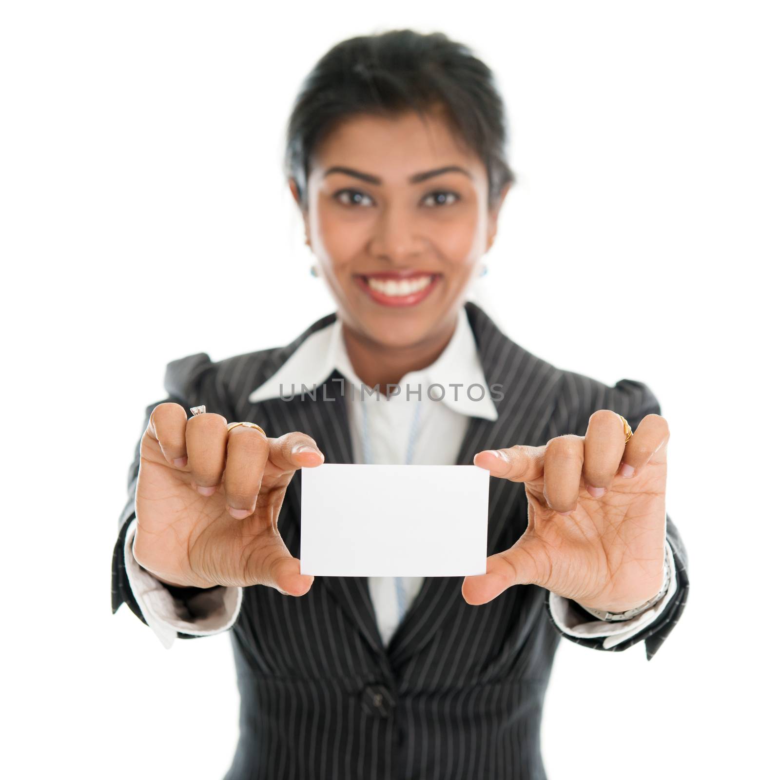 Black businesswoman hand holding a blank business card for marketing, focus on the paper.