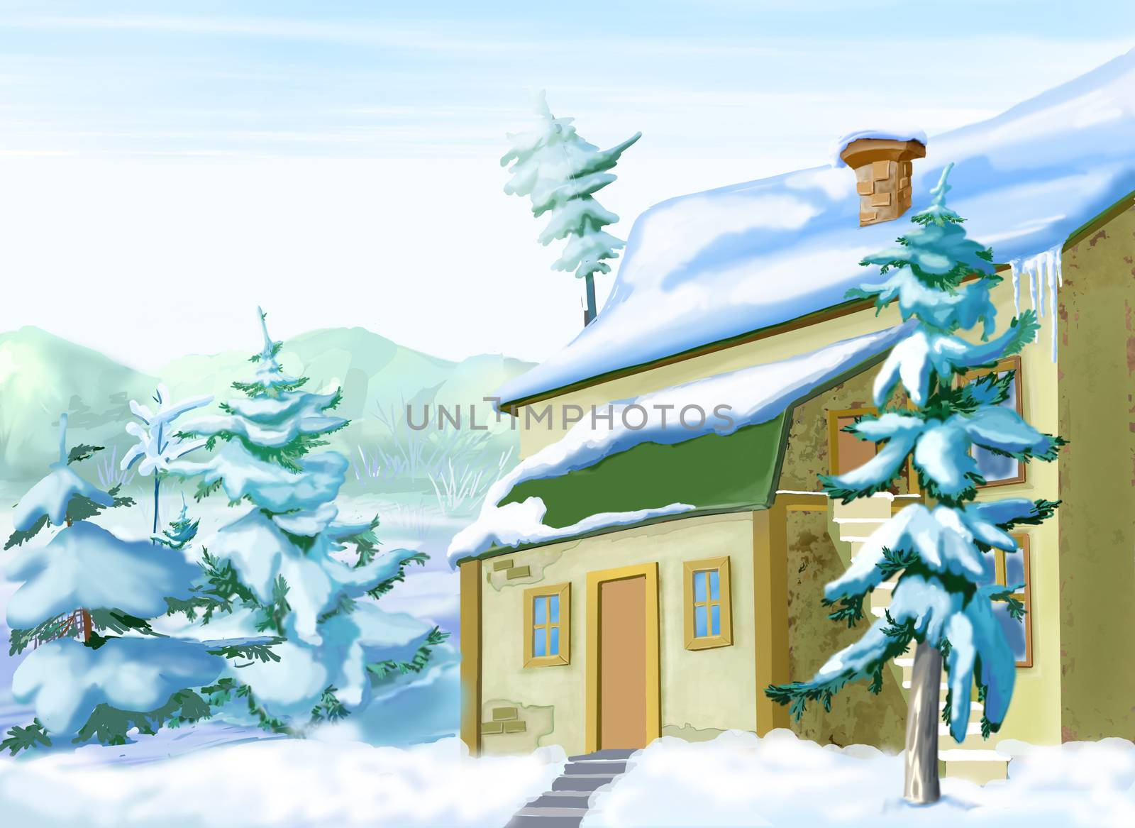 Snow Covered Vacation Home in a Snowy Winter Day. Handmade illustration in a classic cartoon style.