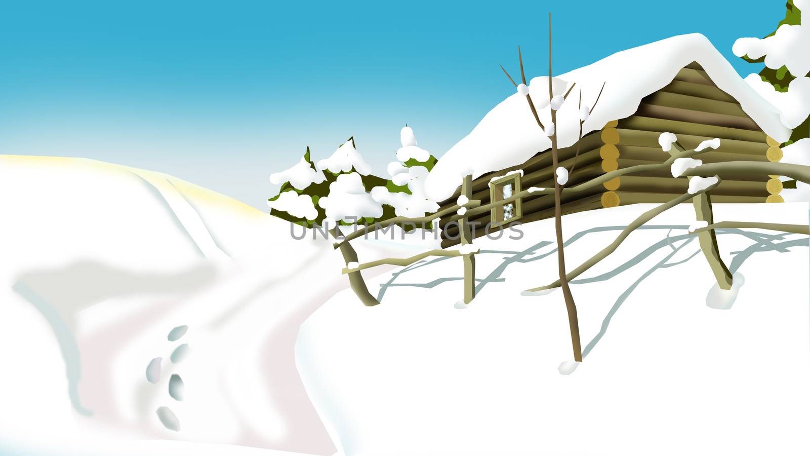 Russian Winter in a Village. Snow Covered wooden House in a Snowy Winter Day. Handmade illustration in a classic cartoon style.