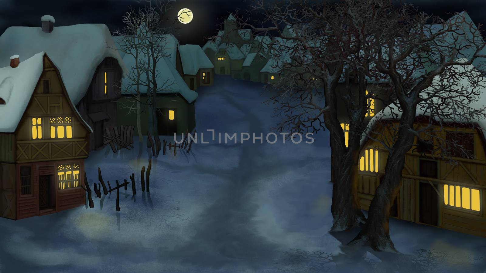 Winter Landscape of Old Dutch Village at Night by Multipedia