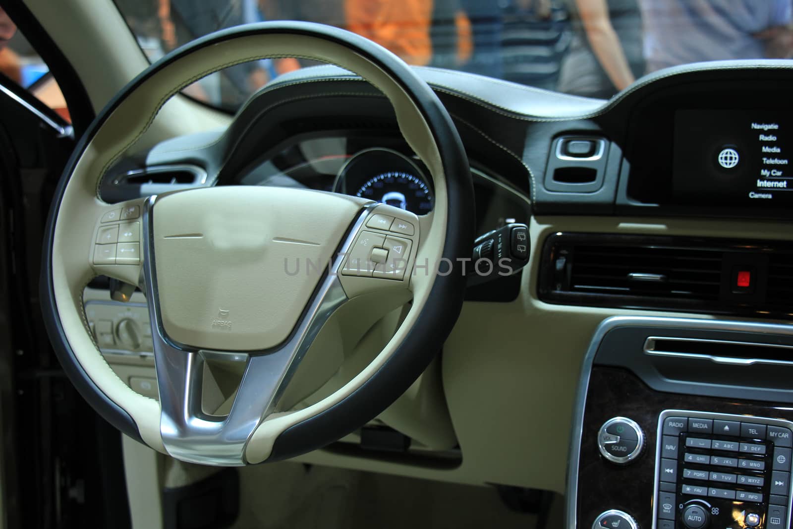 Modern car interior, luxurious materials in different shades of grey