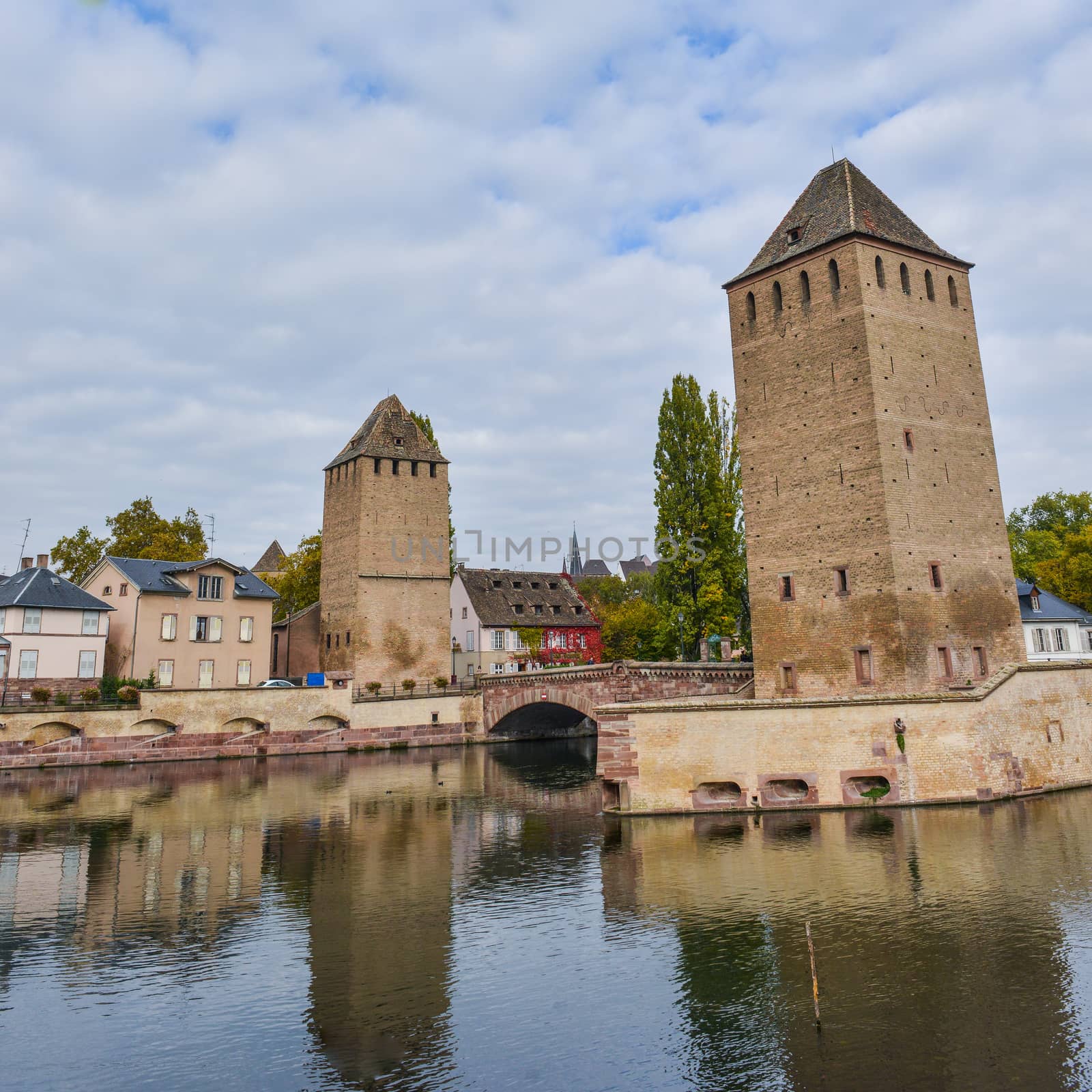 Strasbourg, medieval bridge Ponts Couverts, historic district Petite France, Alsace, France