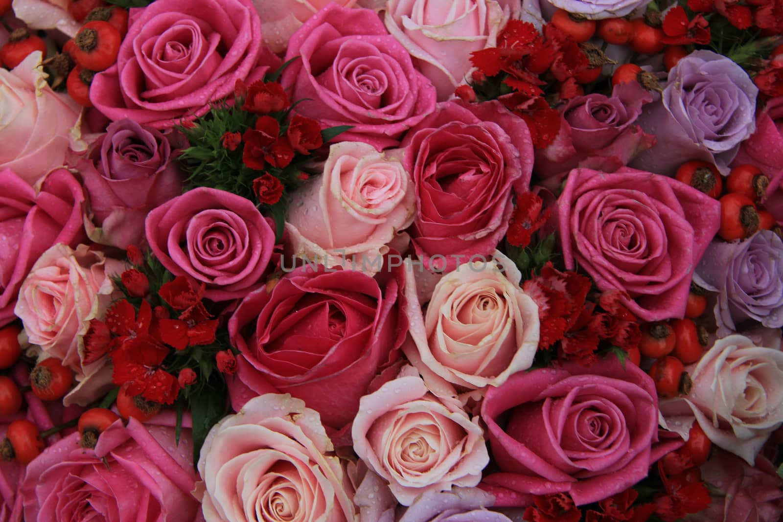 Bridal flower arrangement in various shades of pink and purple, mixed with red berries