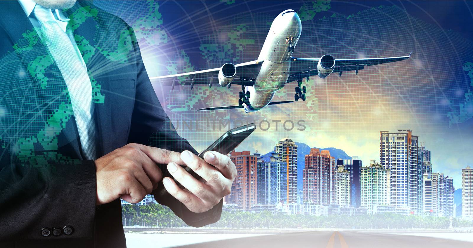 business man touching on smart phone and air plane flying mid air against city building and world map network