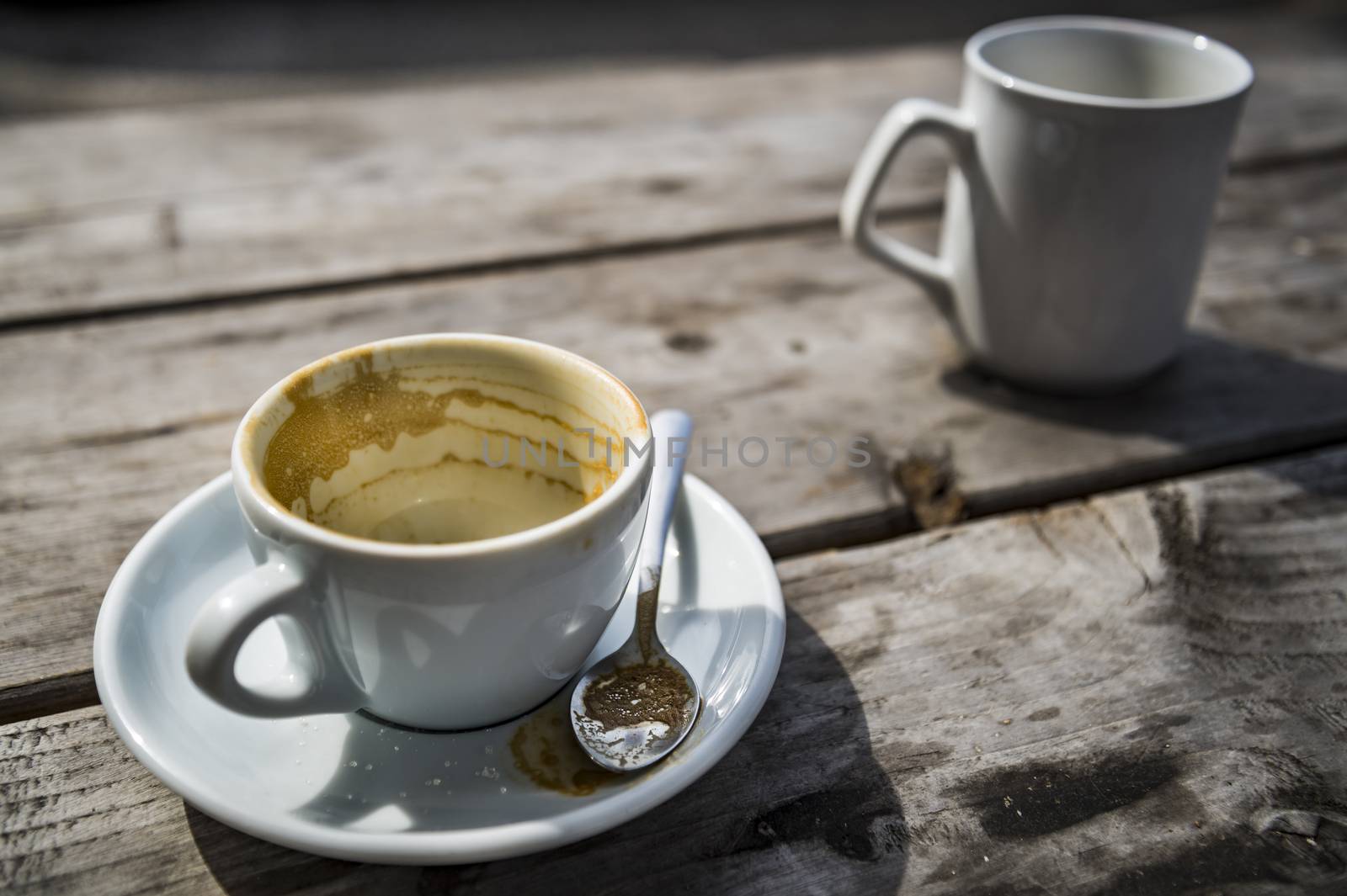 empty coffee cup on wooden table on brown background