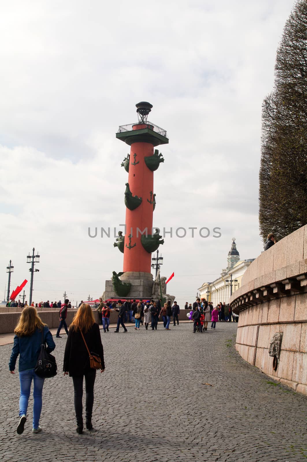 Saint-Petersburg, Vasilievsky island, Russia - 09 MAI, 2014: View one of the two Rostral colon in Leningrad by evolutionnow