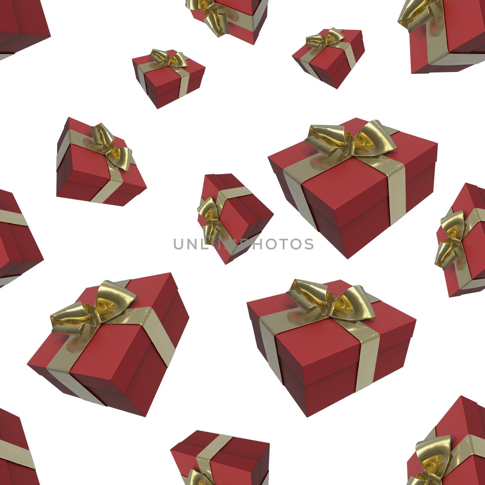 Colorful and striped red boxes with gifts tied bows on white background. 3d illustration seamless pattern background by skrotov