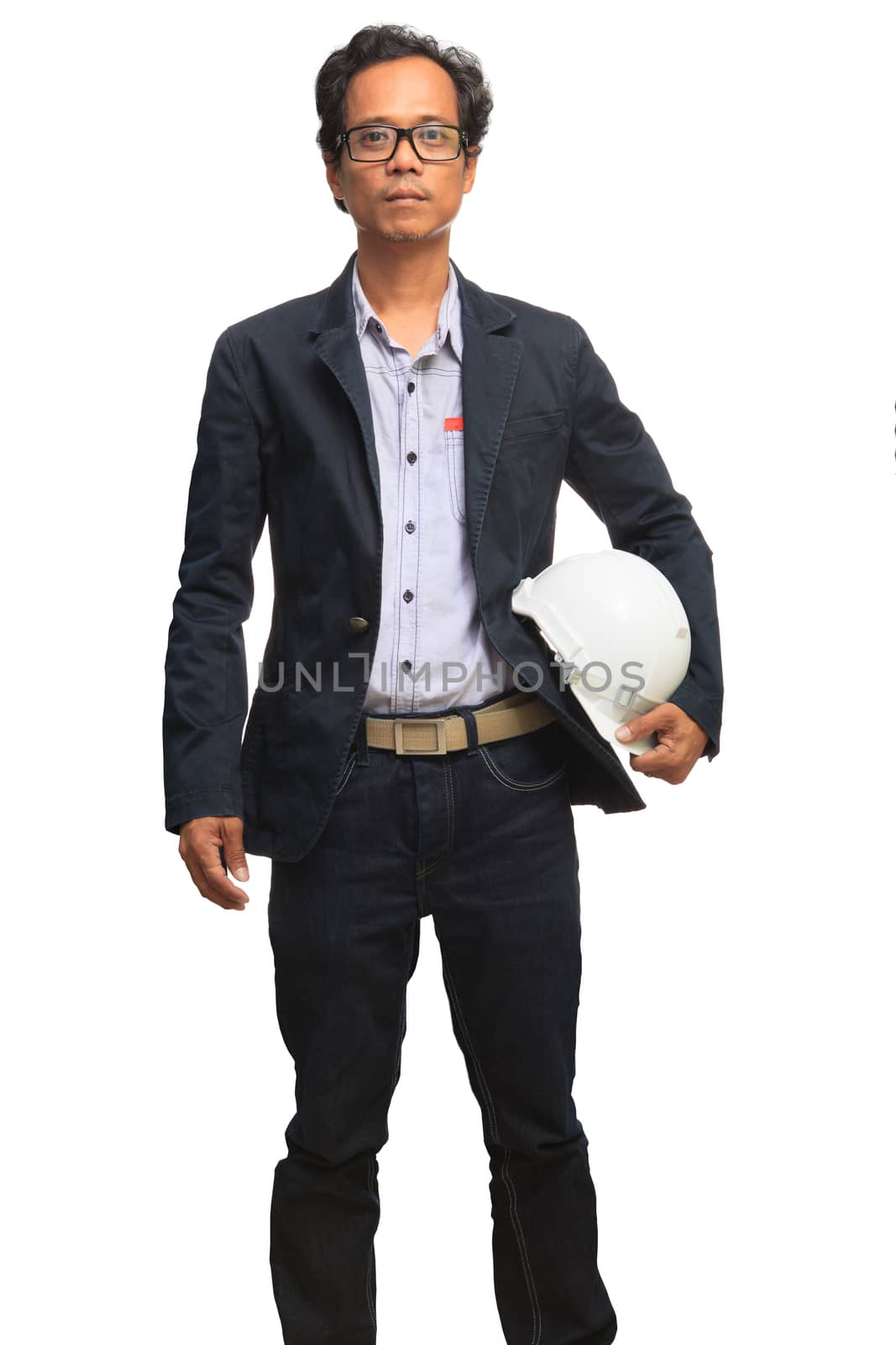 portrait of asian working man holding safety helmet isolated white background