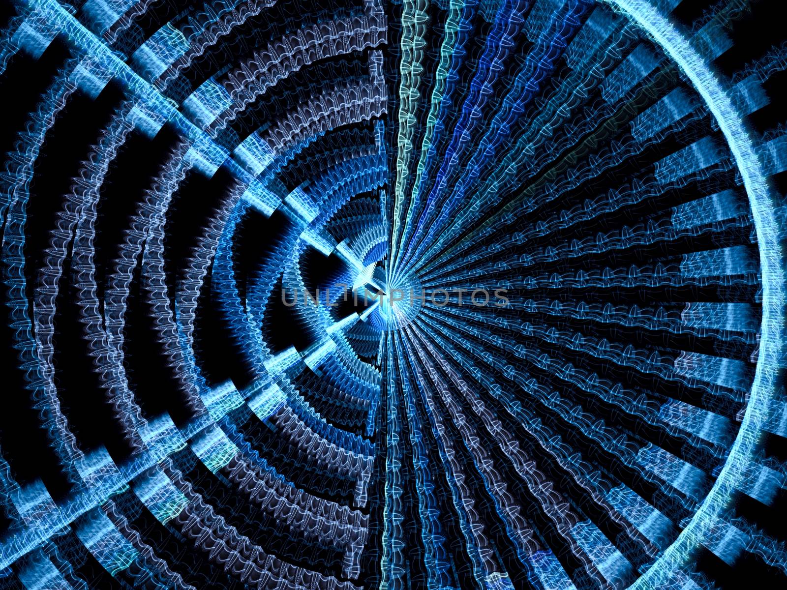 Fractal disc - abstract computer-generated image. Digital art: tech style design with circle and rays. Asymmetric pattern. For covers, posters, banners.