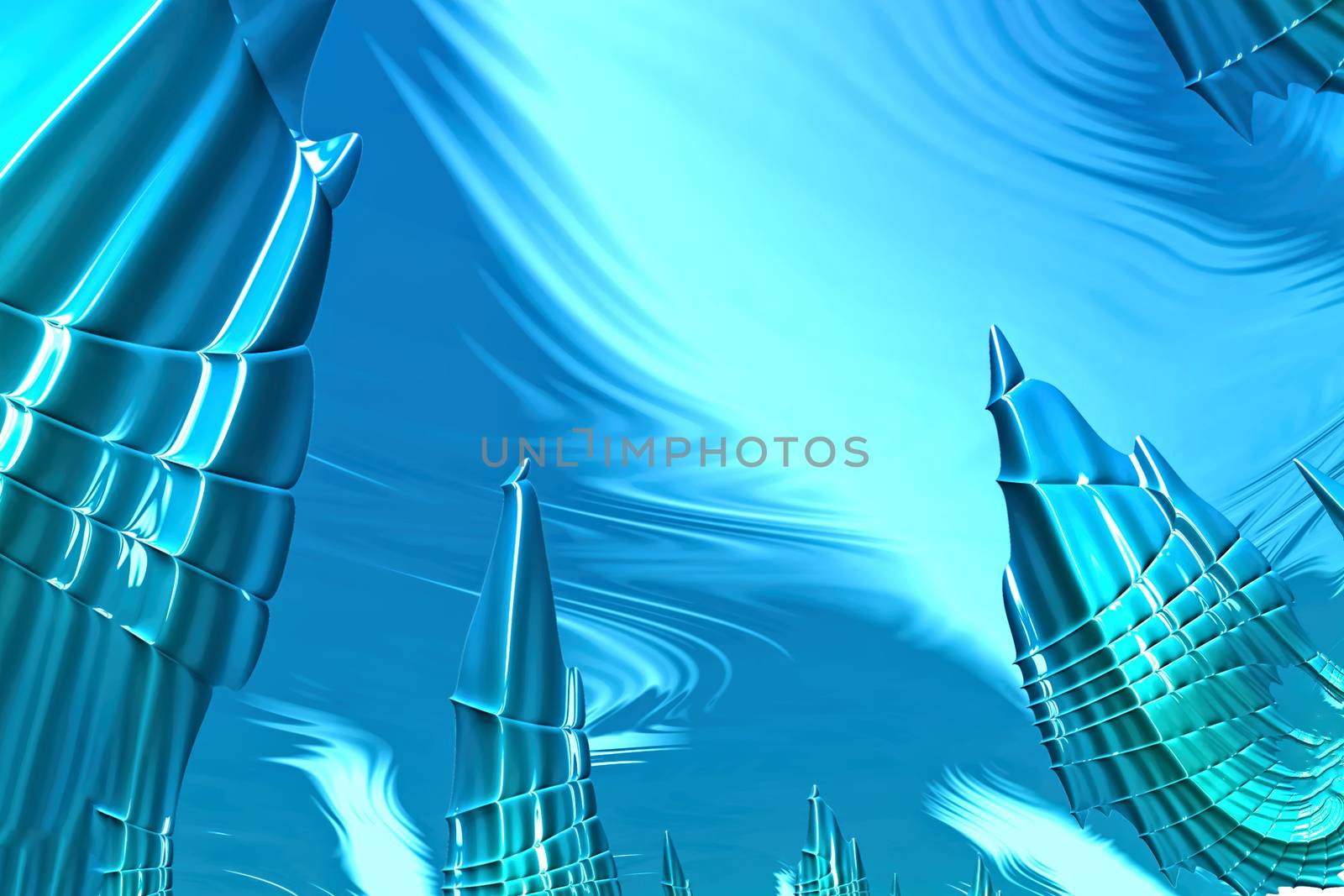 Fractal background: unusual view of the blue sky with mountain peaks or skyscrapers. Abstract computer-generated image.