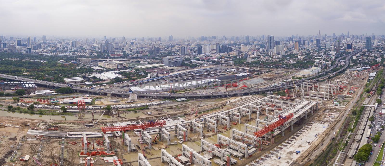 aerial view of mega project of sky trains and land transportatio by khunaspix