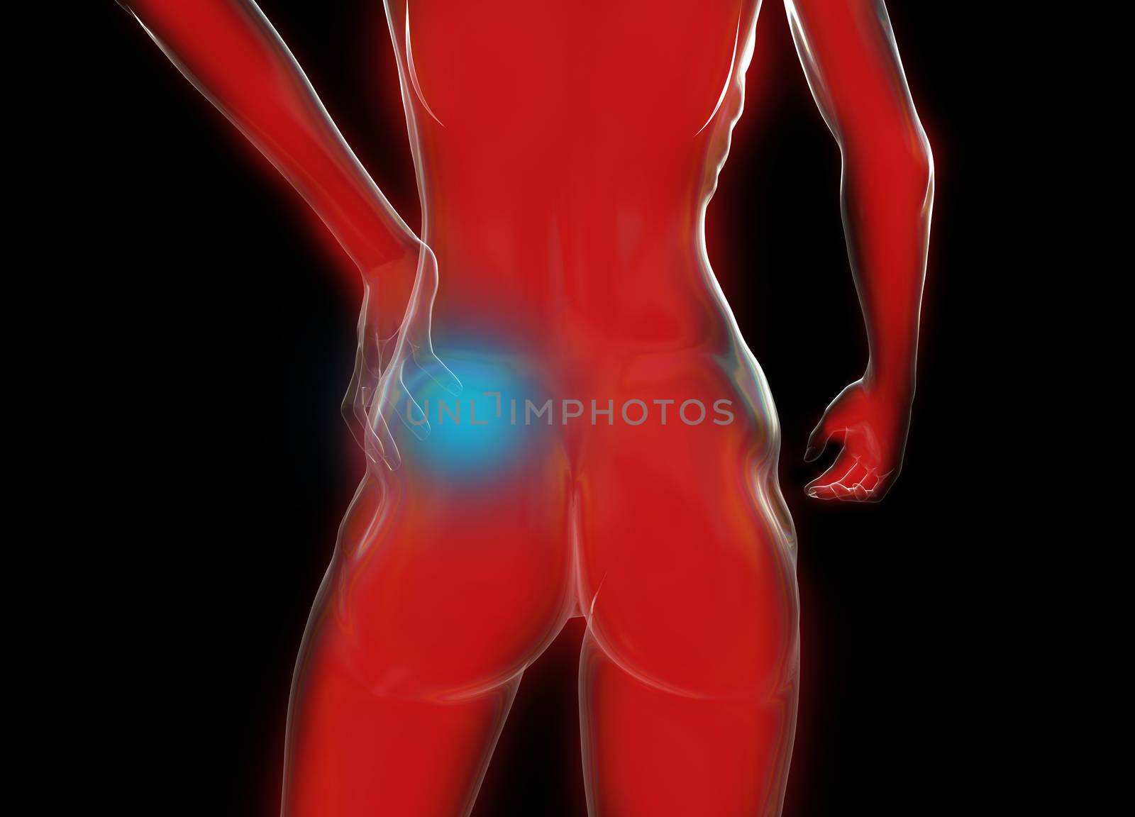 Female woman torso made of glass or bubble, pain in the back isolated on black background. 3d rendered medical illustration.