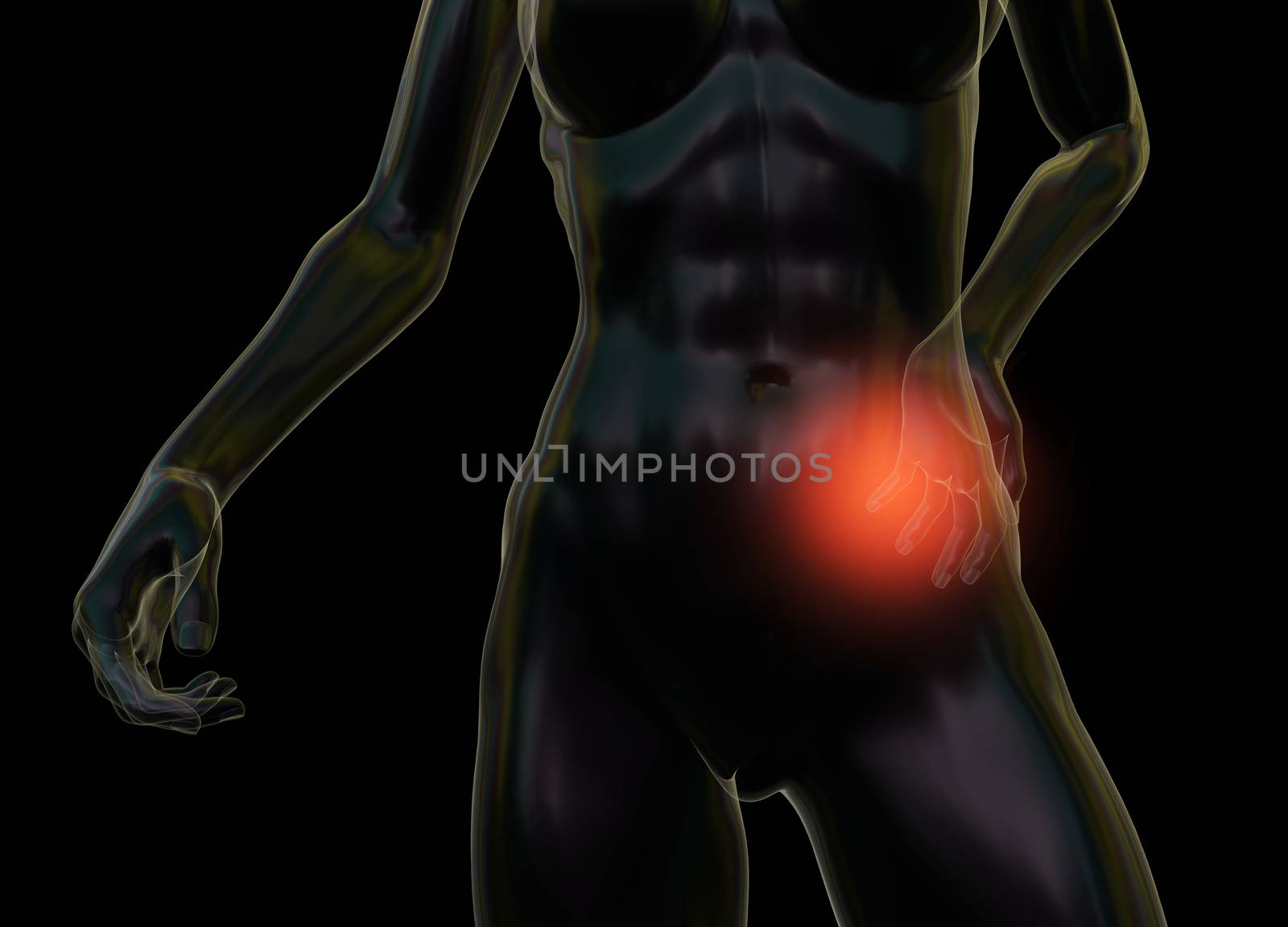 Female woman torso made of glass or bubble, pain in the back isolated on black background. 3d rendered medical illustration by skrotov