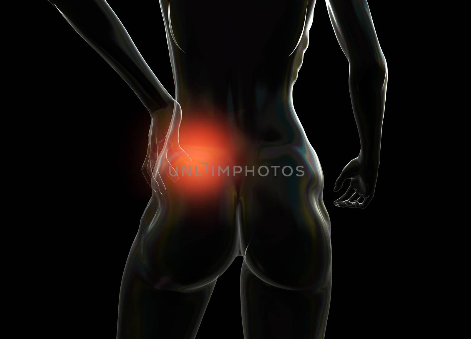 Female woman torso made of glass or bubble, pain in the back isolated on black background. 3d rendered medical illustration.