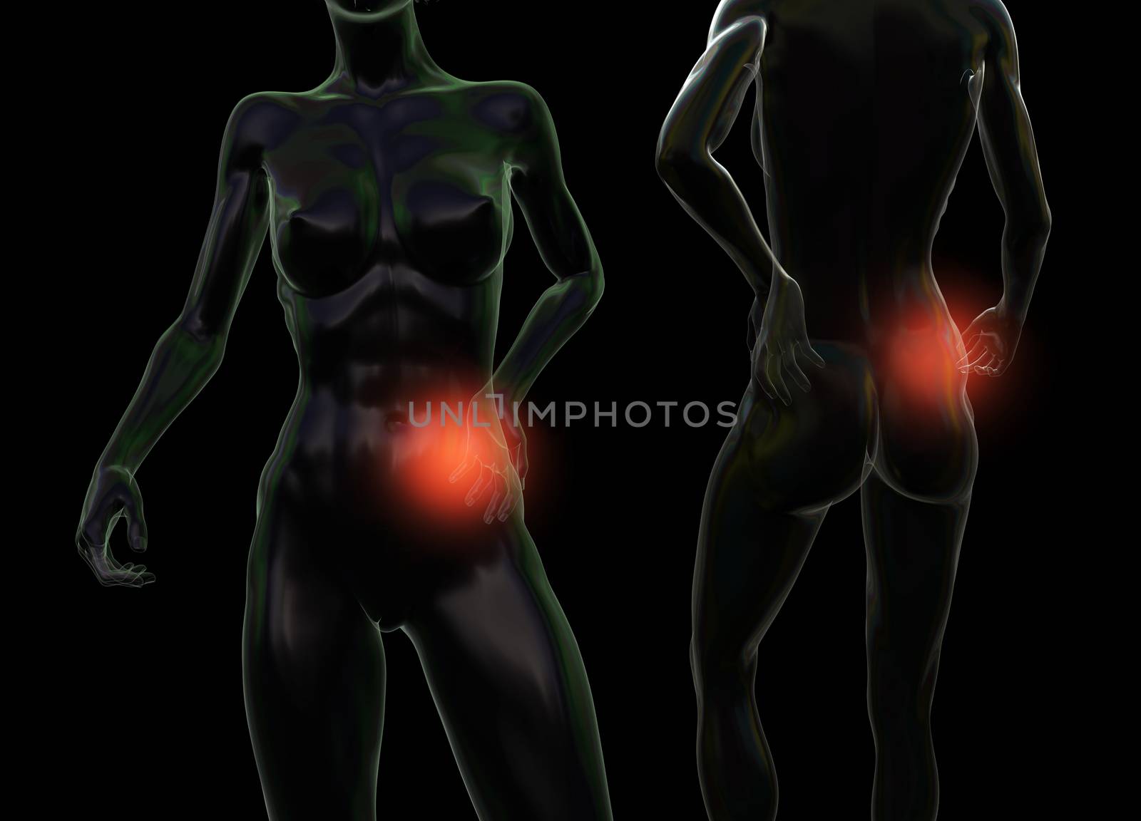 Female woman torso made of glass or bubble, pain in the back isolated on black background. 3d rendered medical illustration by skrotov