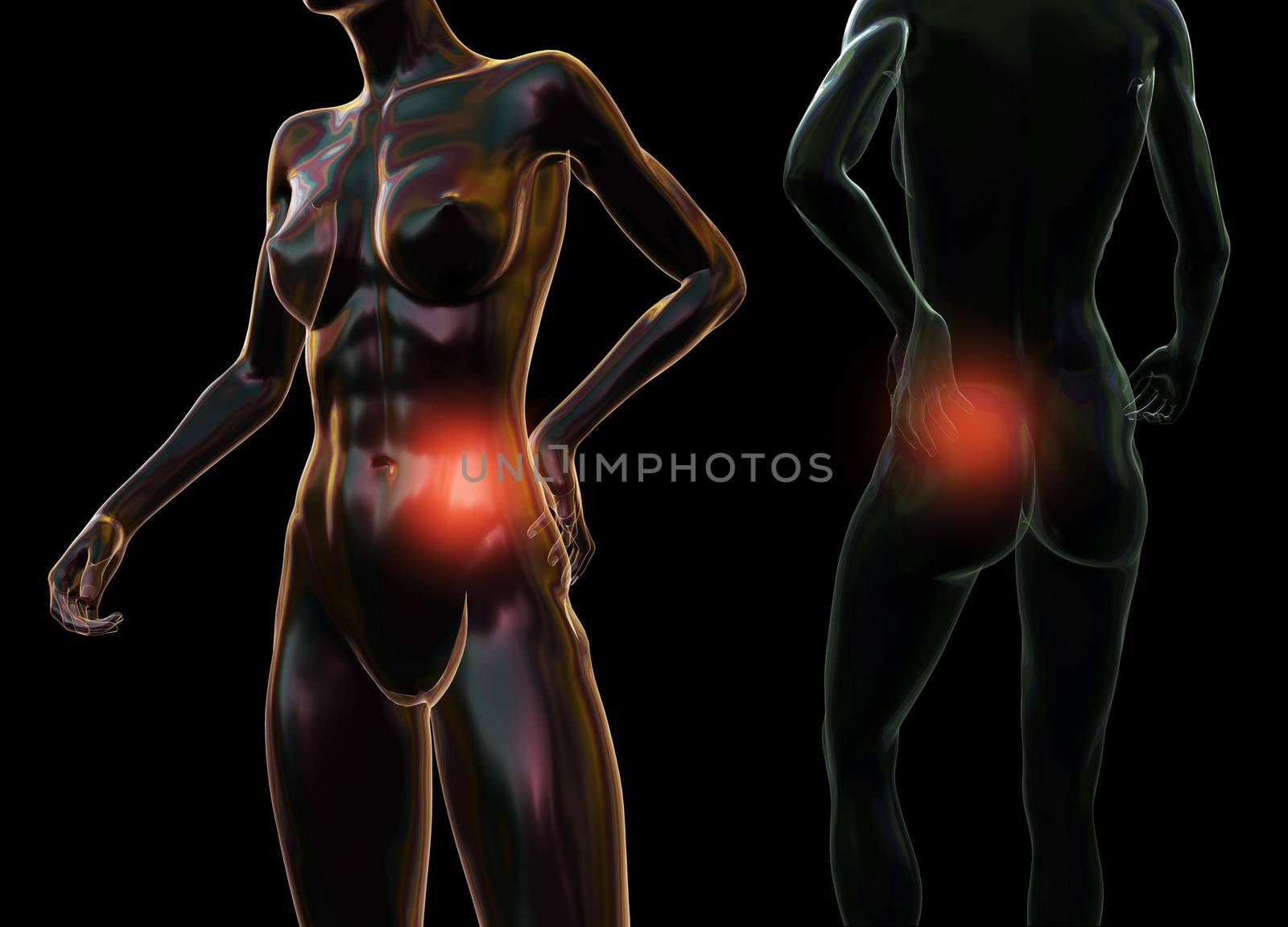 Female woman torso made of glass or bubble, pain in the back isolated on black background. 3d rendered medical illustration.