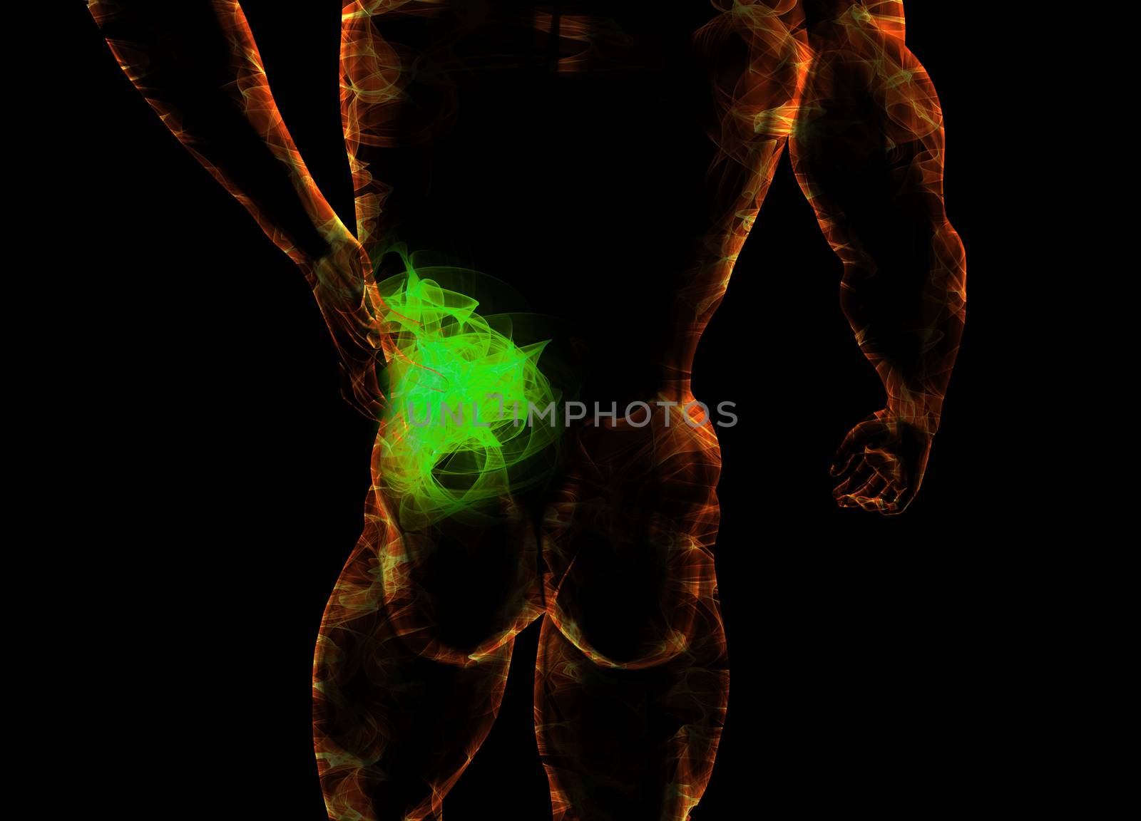 Male torso made of fire or smoke , pain in the back isolated on white background. 3d rendered medical illustration.