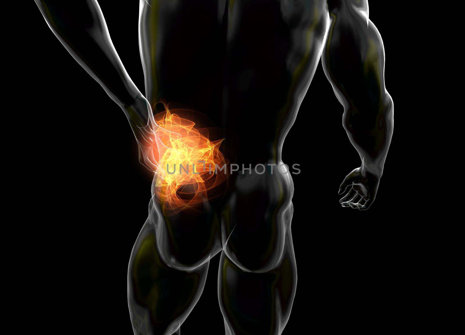 Male torso made of glass or bubble, pain in the back isolated on black background. 3d rendered medical illustration by skrotov