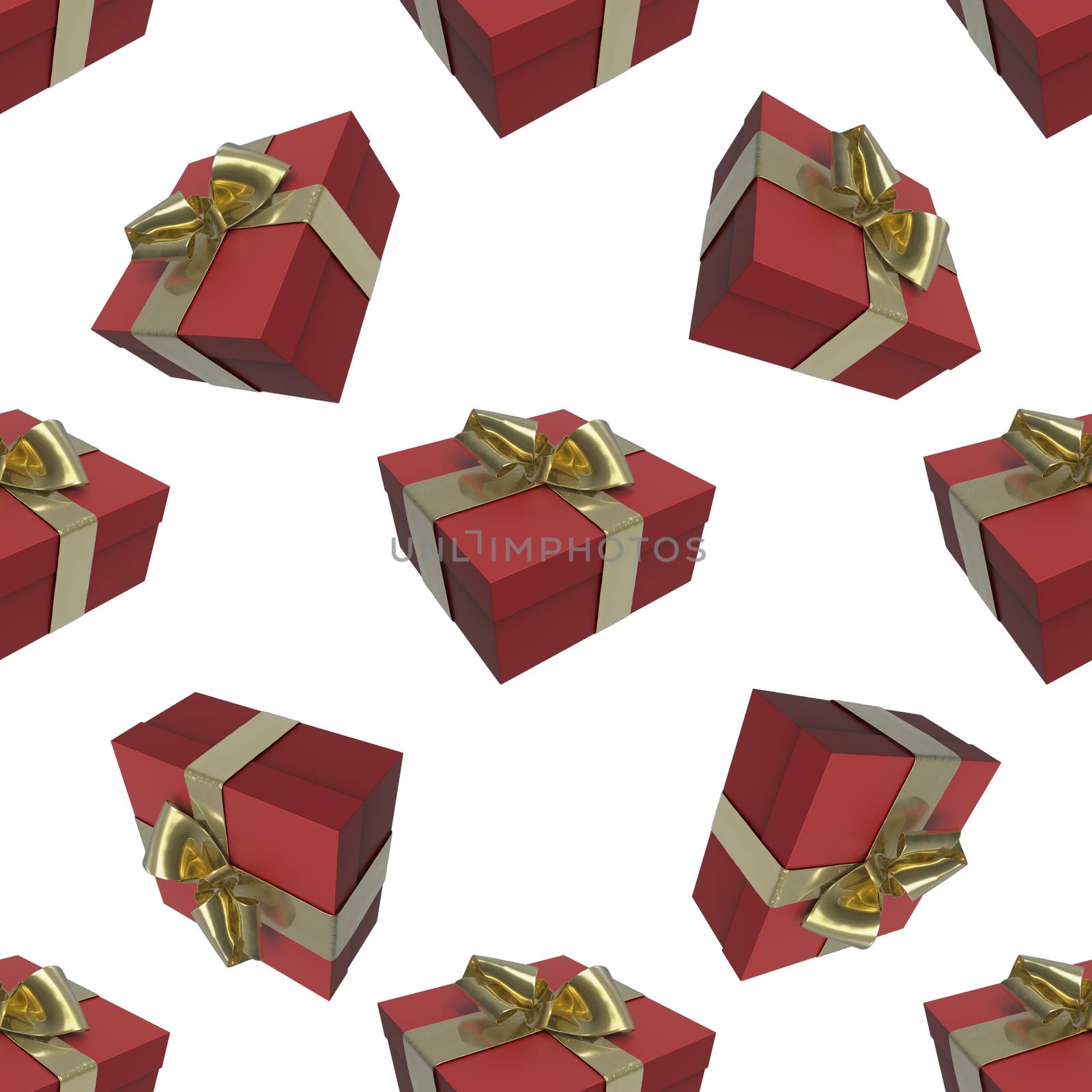 Colorful and striped red boxes with gifts tied bows on white background. 3d illustration seamless pattern background.