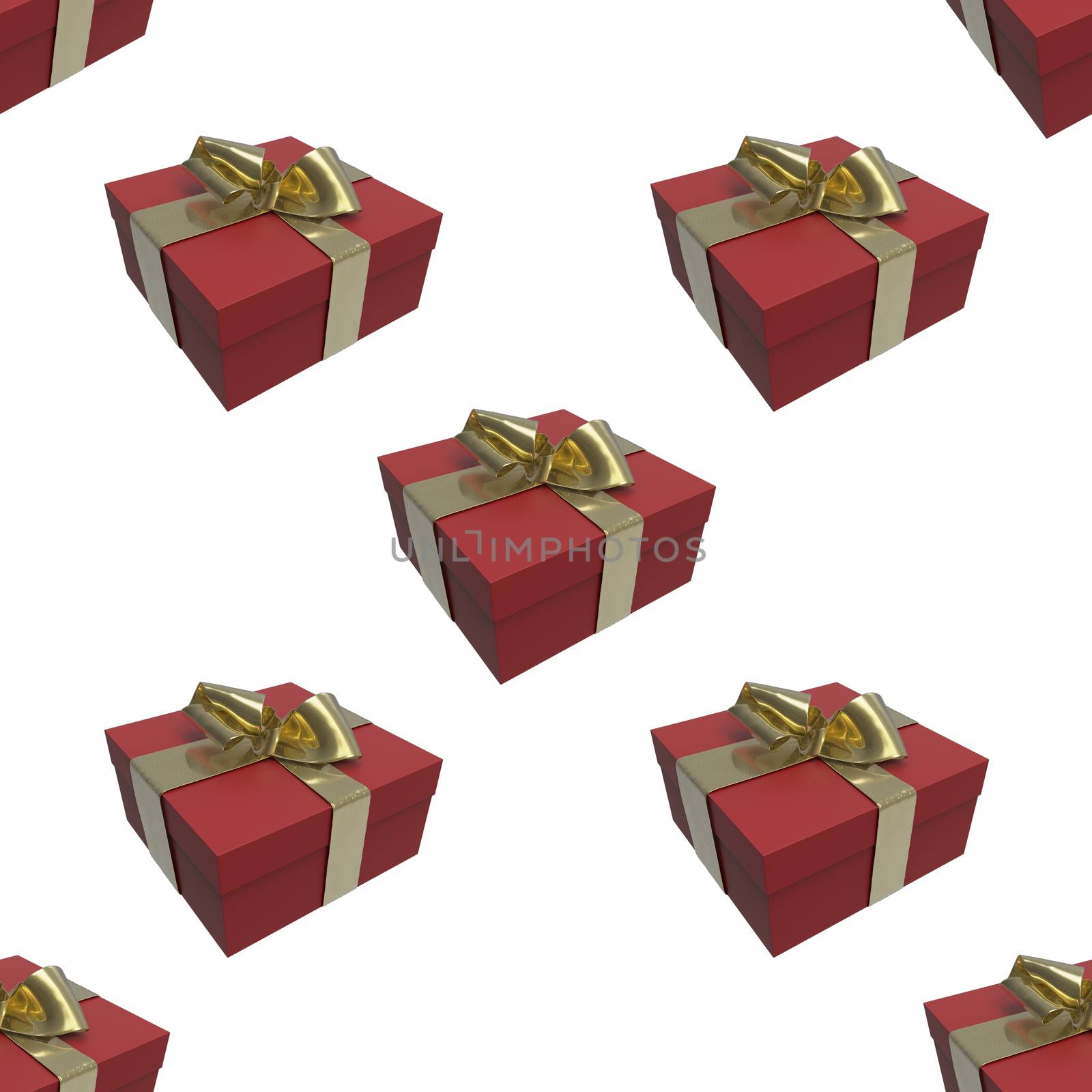 Colorful and striped red boxes with gifts tied bows on white background. 3d illustration seamless pattern background.