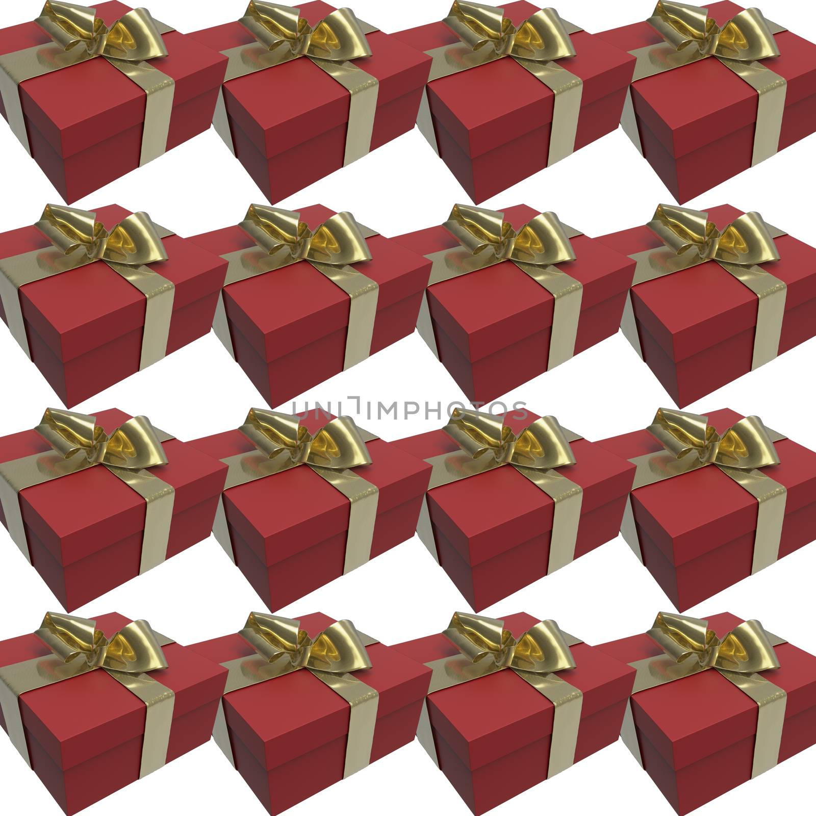 Colorful and striped red boxes with gifts tied bows on white background. 3d illustration seamless pattern background by skrotov