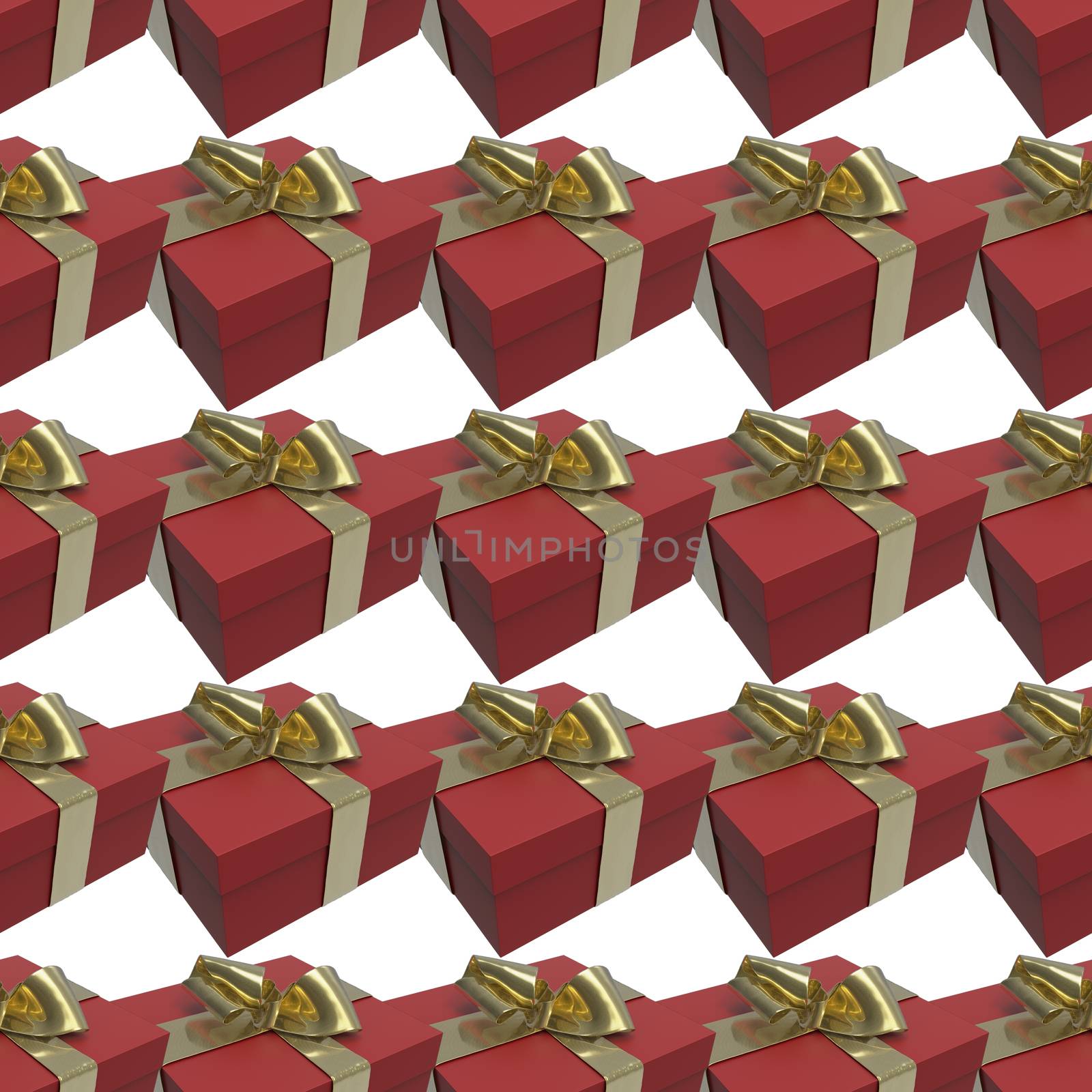 Colorful and striped red boxes with gifts tied bows on white background. 3d illustration seamless pattern background.