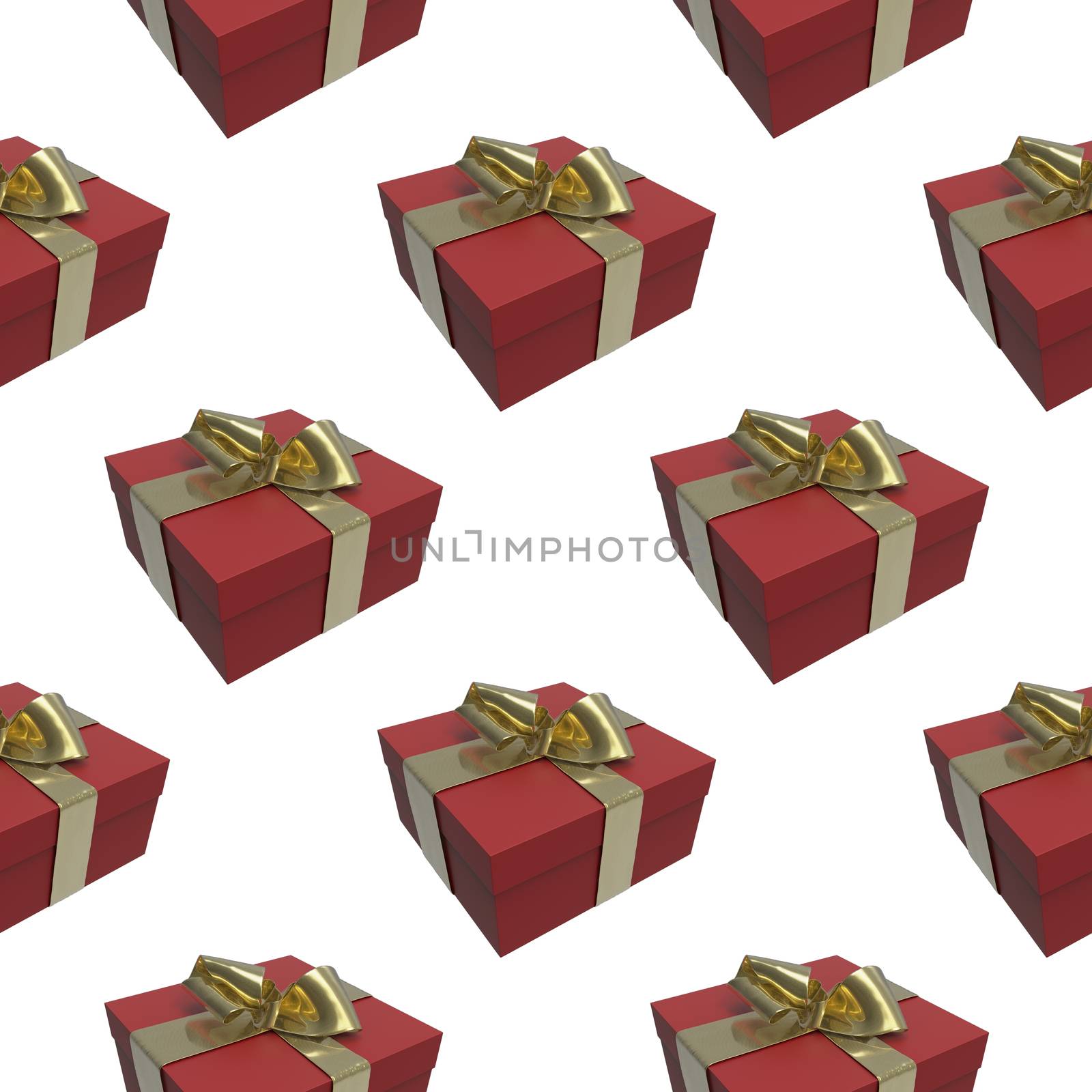 Colorful and striped red boxes with gifts tied bows on white background. 3d illustration seamless pattern background.