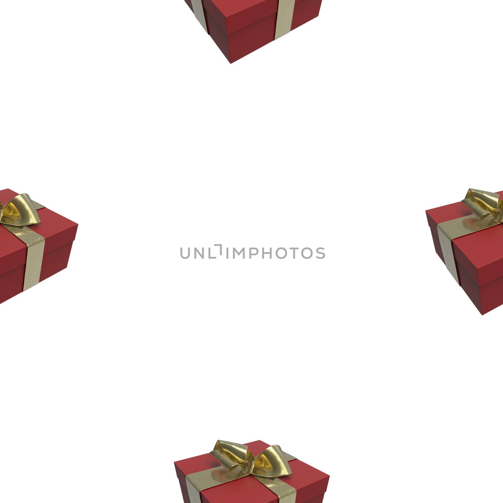 Colorful and striped red boxes with gifts tied bows on white background. 3d illustration seamless pattern background.