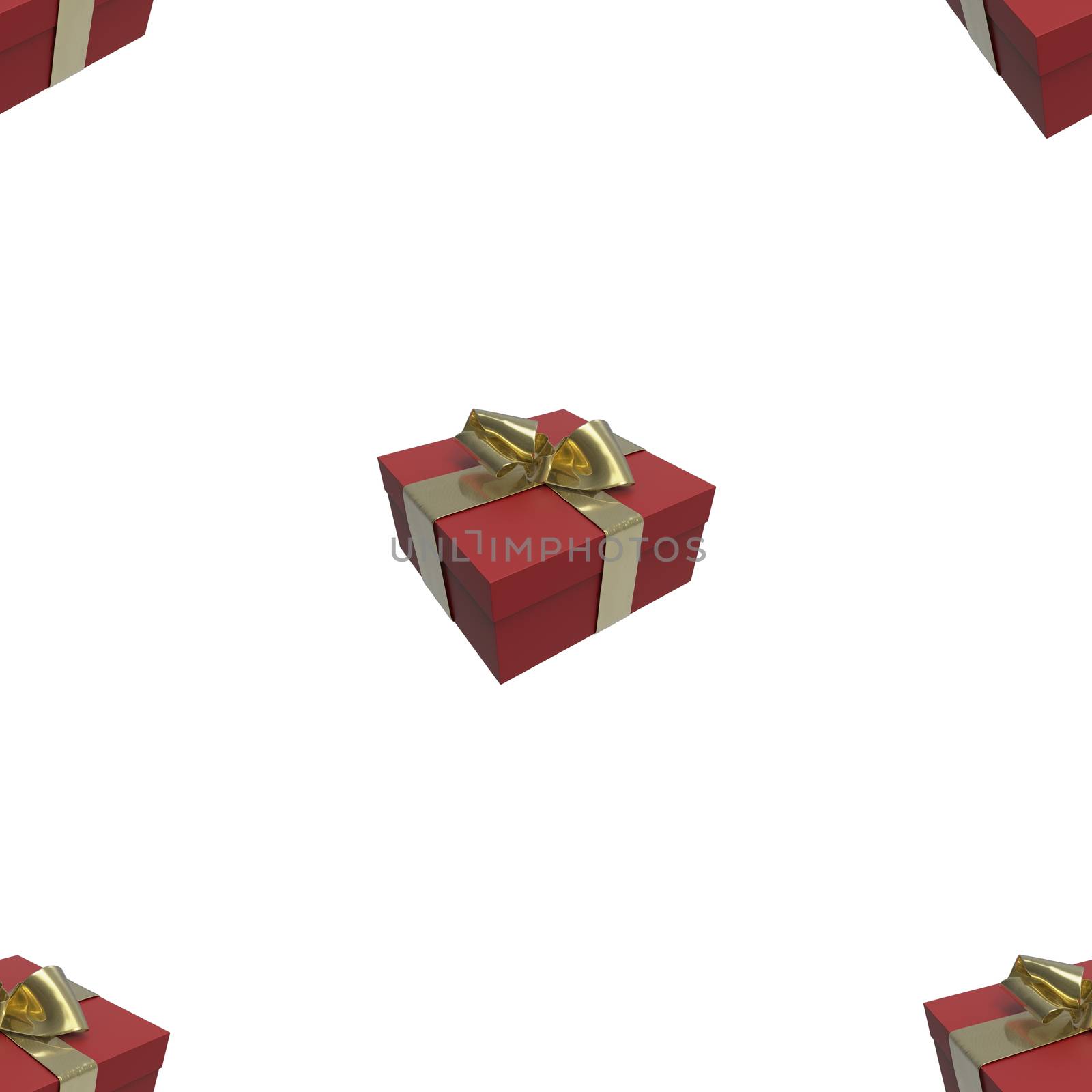 Colorful and striped red boxes with gifts tied bows on white background. 3d illustration seamless pattern background.