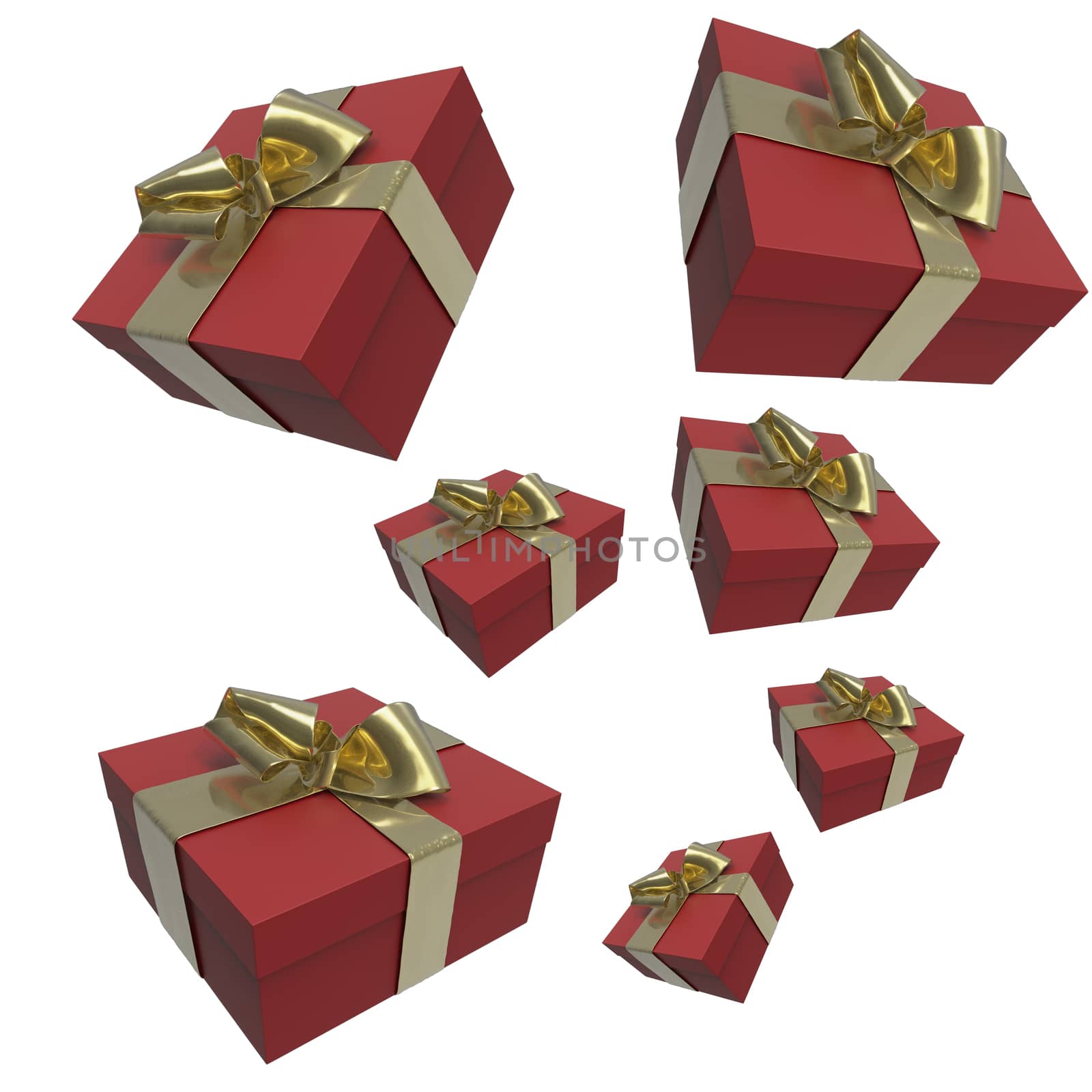 Colorful and striped red boxes with gifts tied bows on white background. 3d illustration by skrotov