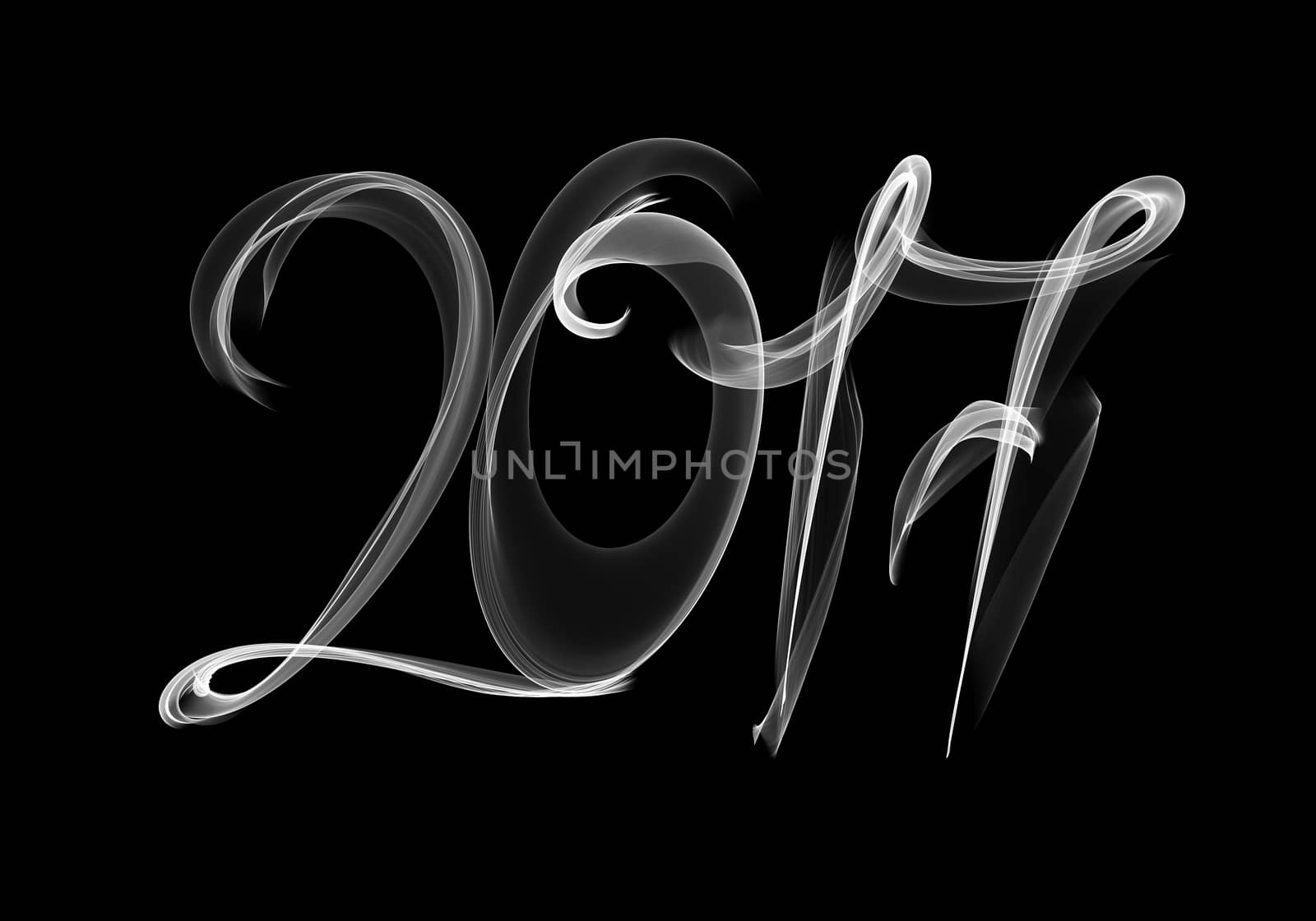 2017 isolated numbers written with white smoke or flame light on black background.