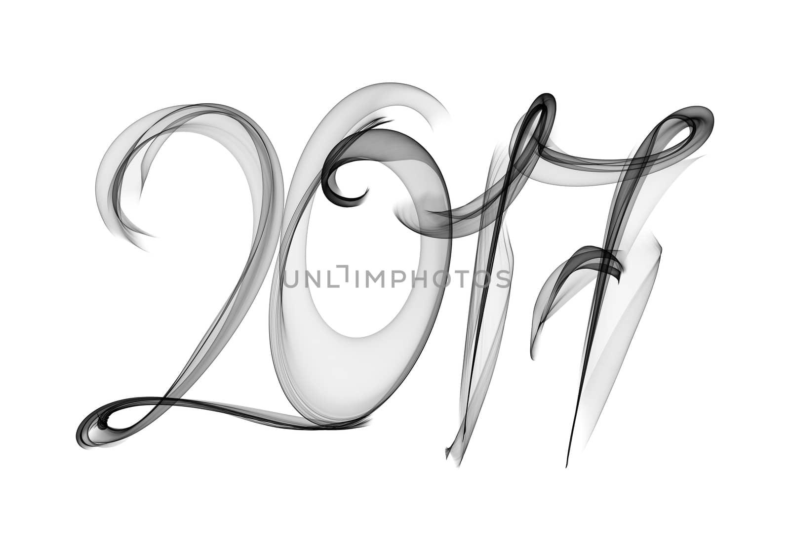 2017 isolated numbers written with black smoke or flame light on white background.